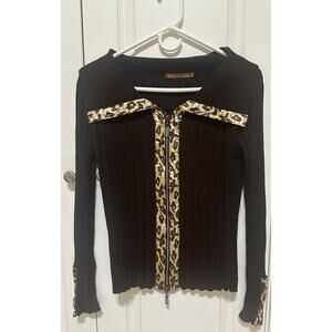 Belldini Y2K Ribbed Zip-Up Sweater Sz M Leopard Print Trim Rhinestone Zipper